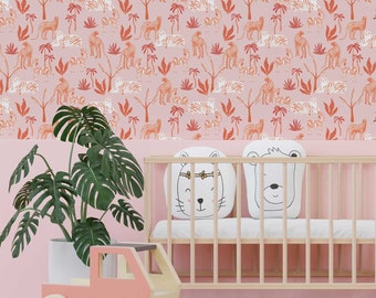 Modern pink safari peel and stick wallpaper featuring playful tigers, leopards, and tropical botanical elements, Nursery wallpaper, WFL287