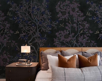 Dark Chinoiserie Peel & Stick Wallpaper Mural, Botanical Toile