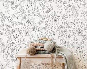 Removable wallpaper with grey floral pattern, Peel and stick wallpaper with botanical print, Grey nursery wallpaper, Floral wallpaper