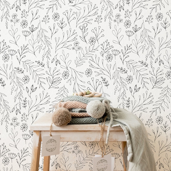 Papier peint amovible avec motif floral gris, Papier peint Peel and stick avec imprimé botanique, Papier peint de pépinière gris, Papier peint floral