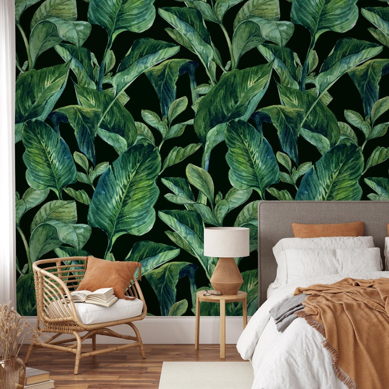 Wallpaper with green watercolor banana leaves pattern, Watercolor banana leaves wall decal, Large leaves removable wallpaper, Wall sticker image 2