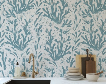 Blue Coral Wallpaper, Nautical removable wallpaper for Bedroom, Kitchen - Traditional and Peel & Stick, WFL437
