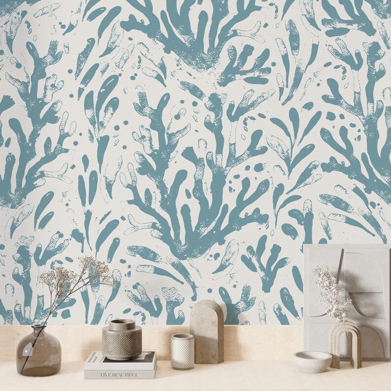 Buy Blue Coastal Peel and Stick Wallpaper With Coral Pattern, Nautcial