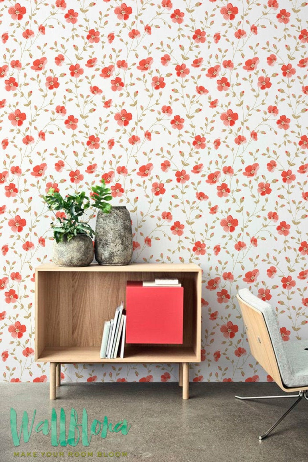 Peel and Stick Wallpaper With Red Floral Pattern Removable - Etsy