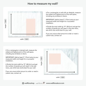 Peut inclure: Diagramme montrant comment mesurer un mur pour la pose de papier peint. Le diagramme montre un mur rectangulaire avec une mesure de 123 pouces de largeur et 123 pouces de hauteur. Le texte explique qu'il faut ajouter 5 pouces &agrave; la largeur et &agrave; la hauteur pour une installation r&eacute;ussie. Le texte explique &eacute;galement qu'il faut diviser la largeur totale par 19 pouces pour d&eacute;terminer le nombre de panneaux n&eacute;cessaires.