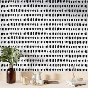 Wallpaper with black brush stroke pattern on a white background, Black and white prints wall sticker, Brush stroke print removable wallpaper