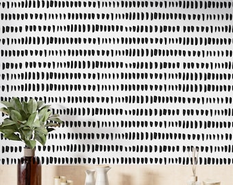 Wallpaper with black brush stroke pattern on a white background, Black and white prints wall sticker, Brush stroke print removable wallpaper