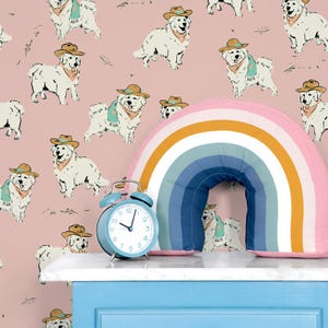 Carta da parati Western Dog, carta da parati rosa staccabile e attaccabile con motivo funky di cani da cowboy per cameretta dei bambini, cameretta dei bambini e sala giochi, WFL456