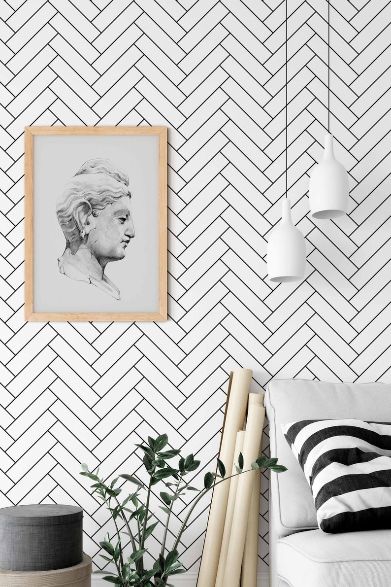 Removable Wallpaper With Herringbone Pattern Black and White - Etsy