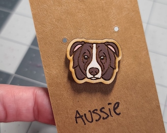 Aussie Pin-Australian shepherd pin-dog head pin-dog breed pin-shepherd dog face pin-wood pin-aussie-brown aussie