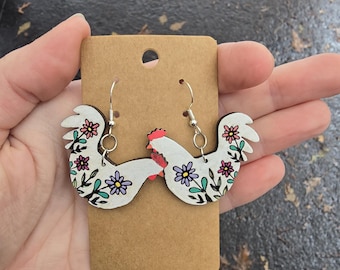 Chicken dangle earrings-chicken earrings-chicken dangles-chicken with flowers earrings