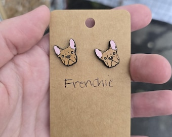 French Bulldog Stud earrings-laser cut engraved and handpainted-frenchie earrings-frenchie studs-Custom available