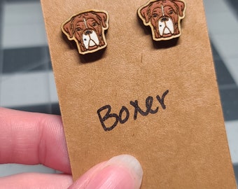 Boxer dog stud earrings-laser cut and engraved-boxer dog earrings-handpainted