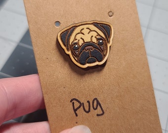 Pug pin-pug dog head pin-dog breed pin-pug dog face pin-wood pin-pug