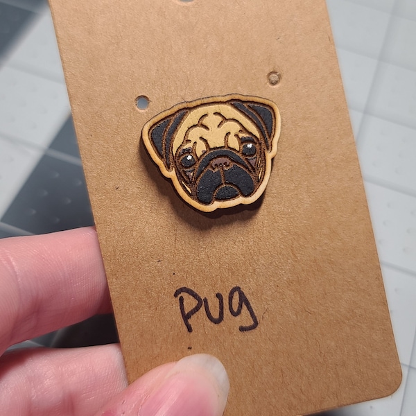 Pug pin-pug dog head pin-dog breed pin-pug dog face pin-wood pin-pug