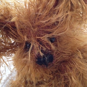 May include: A close-up of a brown, furry stuffed animal with a long, shaggy coat. The animal has a black nose and large, dark eyes.