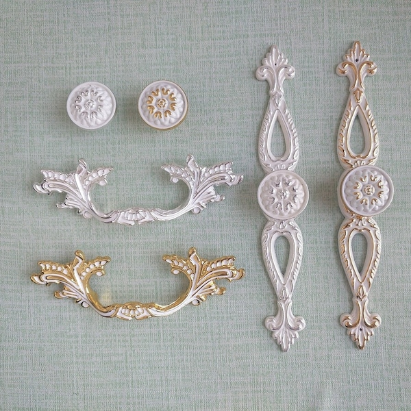 Shabby Chic Dresser Drawer Knobs Pulls Handles Creamy White Silver Gold Rose Flower Kitchen Cabinet Knobs Handles Pull Ornate Knob Hardware