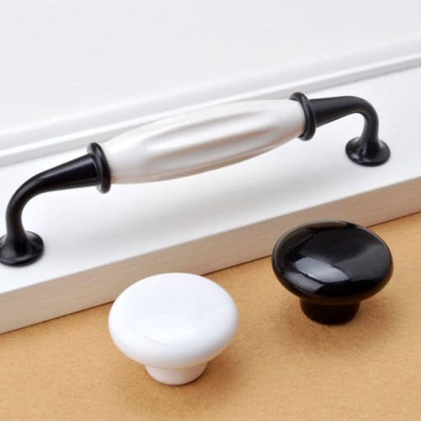 Cabinet Door Handles Ceramic Dresser Drawer Handle Pulls Knobs / Kitchen Cupboard Handle Pull Porcelain Black White Hardware