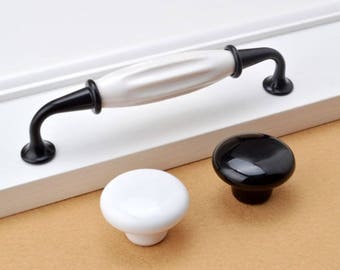 Cabinet Door Handles Ceramic Dresser Drawer Handle Pulls Knobs / Kitchen Cupboard Handle Pull Porcelain Black White Hardware