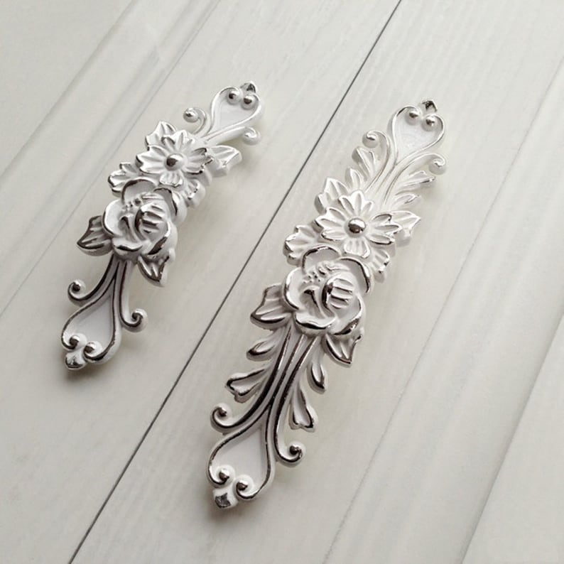 3.75 5Shabby Chic Dresser Drawer Pulls Handles White Silver / French Country Kitchen Cabinet Handle Pull Antique Furniture Hardware image 1