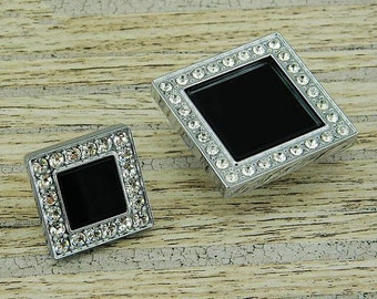 Square Rhinestone Knobs / Glass Crystal Dresser Knob Drawer Knobs Pulls Handles / Kitchen Cabinet Knobs Handle Pull Bling Silver Clear Black