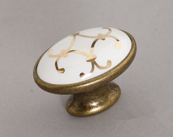 Ceramic Cabinet Knobs Antique Brass Oval / Dresser Drawer Knobs Pulls Handles White Gold / French Furniture Knob Pull Handle Hardware