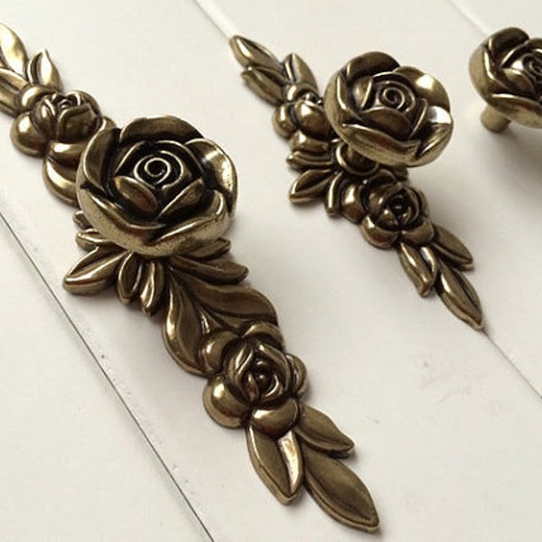 Dresser Knobs Drawer Knob Pulls Pull Handles Rose Flower Antique Bronze / Kitchen Cabinet Knobs Handle Vintage Style Decorative Hardware