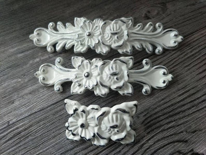 3.75 5Shabby Chic Dresser Drawer Pulls Handles White Silver / French Country Kitchen Cabinet Handle Pull Antique Furniture Hardware image 2