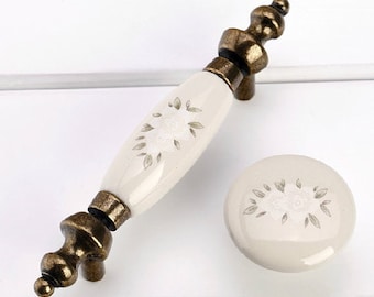 Pomelli per comò da 7,6 cm, pomelli per cassetti in ceramica, pomelli per armadietti, mobili da cucina rustici, maniglie per mobili, fiore in bronzo antico bianco, 76 mm