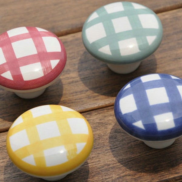 Knobs Gingham Dresser Knob Drawer Pulls Handles / Ceramic Knob / Cabinet Knobs / Kitchen Door Knob Furniture Hardware Blue Red Yellow Green