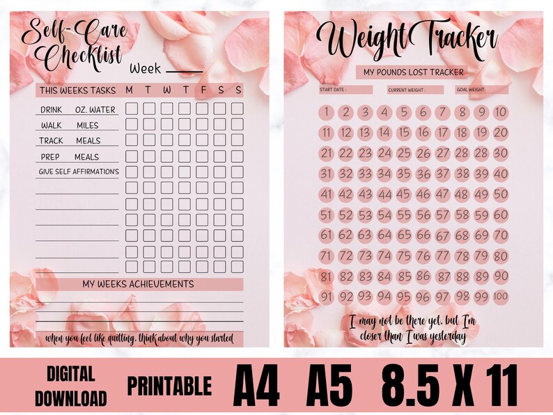 WEIGHT LOSS JOURNAL Self, Care Check List, Digital Download, Weight ...