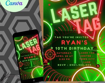 Laser Tag Invite, Any Age Birthday, Green and Red Laser invitation, Neon Lights, Party invitation. INSTANT DOWNLOAD to EDIT