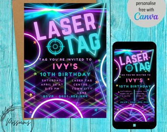 Laser Tag Invite, Any Age Birthday, Laser invitation, Neon Lights, Party invitation. INSTANT DOWNLOAD to EDIT