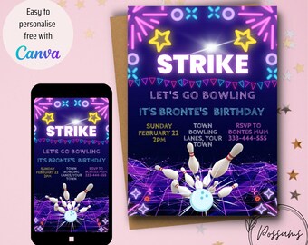 Bowling Invite, Strike Birthday, Any Age invitation, Ten Pin Bowling. INSTANT DOWNLOAD to EDIT