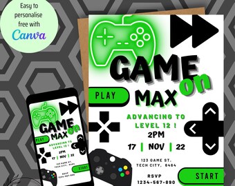 Gamer Invitation, Video Game Party, 12th Birthday, Green Gaming Party, Gamer Theme -INSTANT DOWNLOAD