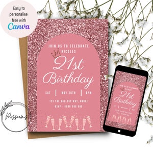 21st Birthday Invitation, Glitter and Champagne theme, Twenty First Invitation,  INSTANT DOWNLOAD to EDIT