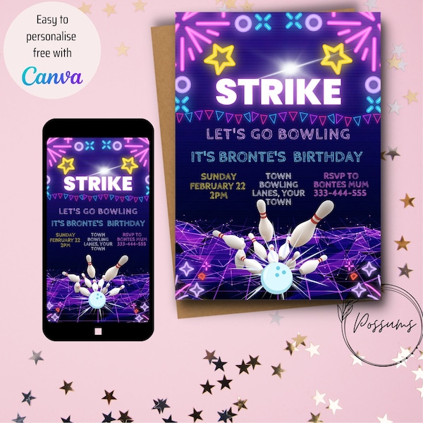 Bowling Invite, Strike Birthday, Any Age invitation, Ten Pin Bowling. INSTANT DOWNLOAD to EDIT