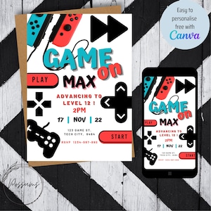 May include: A printable invitation for a video game party. The invitation features a red and blue Nintendo Switch controller, a black and white play button, and the text "Game On Max" in a colorful font. The invitation also includes the date, time, and location of the party.