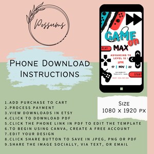 May include: A pink and green phone screen with instructions for downloading a printable game on invitation. The text on the screen reads "Game On Max" and "Advancing to Level 12 | 2PM | 17 NOV 22". The image is 1080 x 1920 pixels.