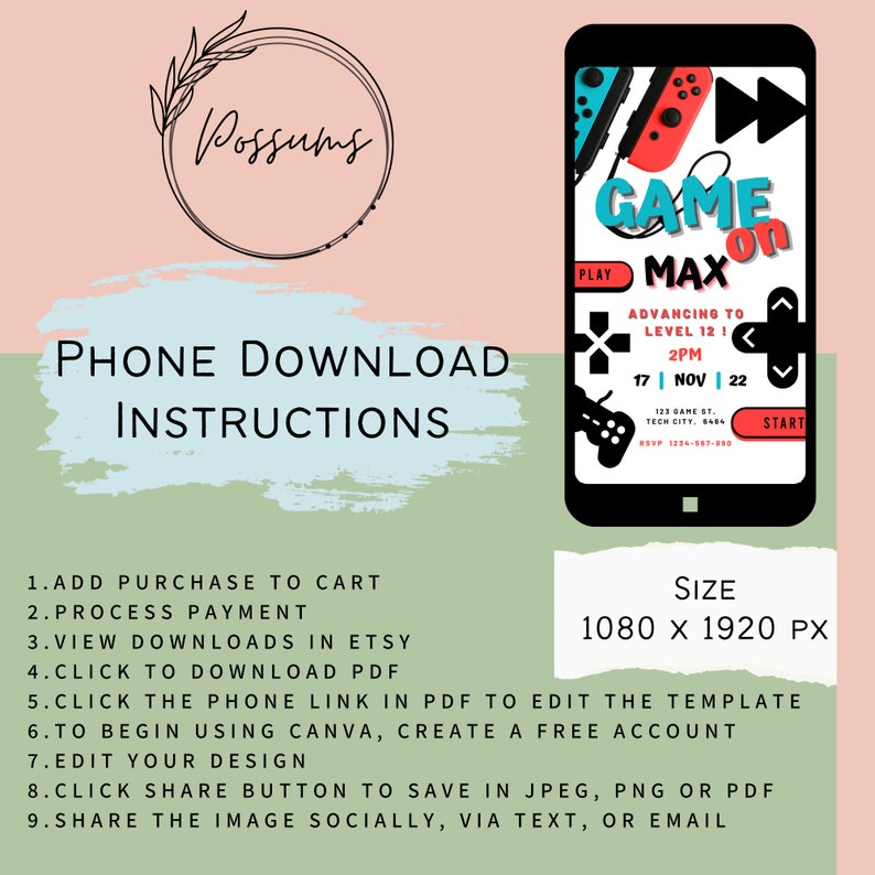 May include: A pink and green phone screen with instructions for downloading a printable game on invitation. The text on the screen reads "Game On Max" and "Advancing to Level 12 | 2PM | 17 NOV 22". The image is 1080 x 1920 pixels.