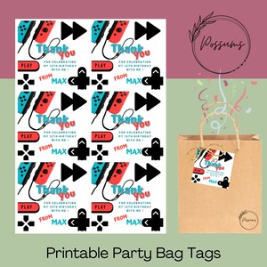 May include: Printable party favor bag tags featuring a Nintendo Switch design with the text "Thank you for celebrating my 12th birthday with me! From Max".