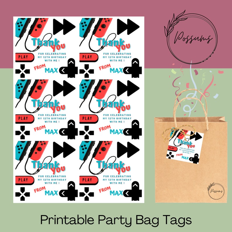 May include: Printable party favor bag tags featuring a Nintendo Switch design with the text "Thank you for celebrating my 12th birthday with me! From Max".