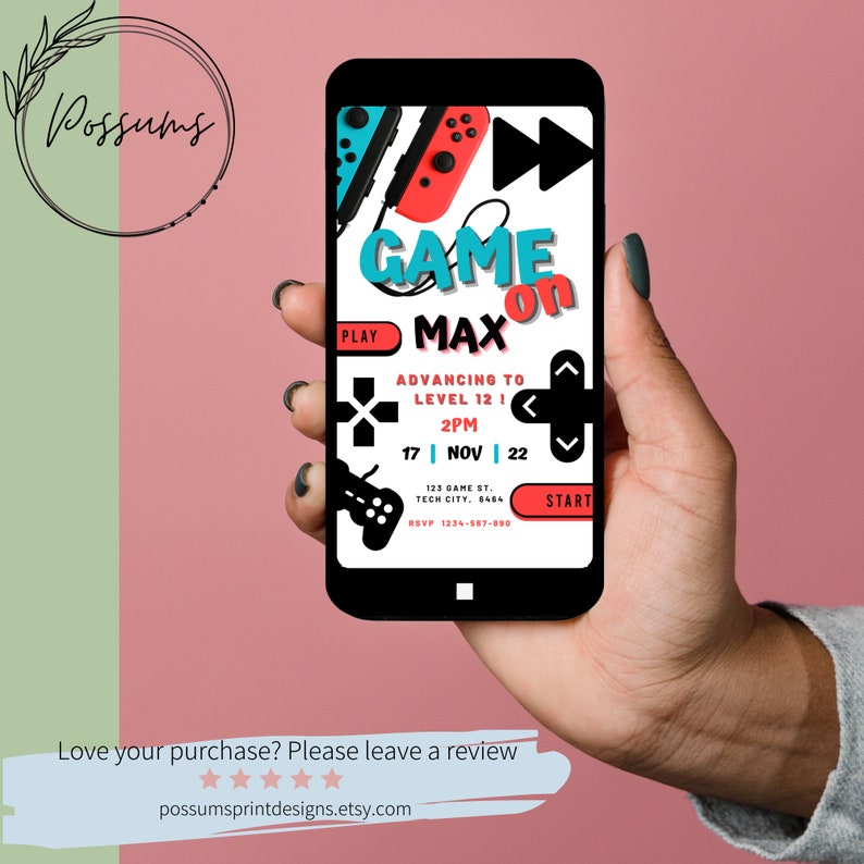 May include: A digital invitation for a video game party with a red and blue game controller, a black and white game controller, and the text "GAME ON MAX ADVANCING TO LEVEL 12! 2PM 17 NOV 22 123 GAME ST. TECH CITY, 6464 RSVP 1234-547-880"