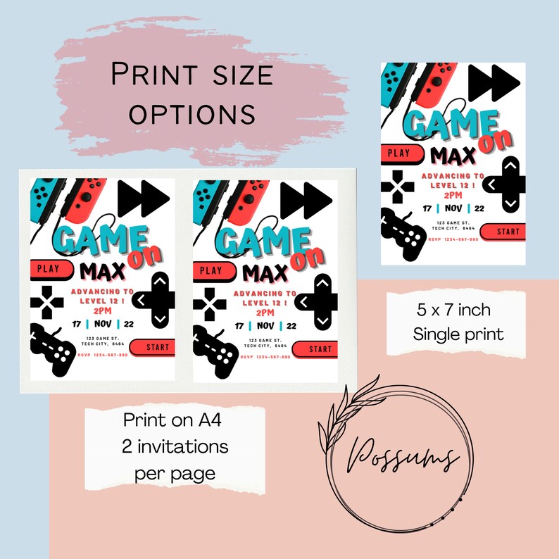 May include: Two printable invitations for a video game themed party. The invitations are white with a red, blue, and black video game controller graphic. The text on the invitations reads "Game On Max" and includes the date, time, and location of the party. The invitations are designed to be printed on A4 paper with two invitations per page. The invitations can also be printed as a single 5 x 7 inch print.