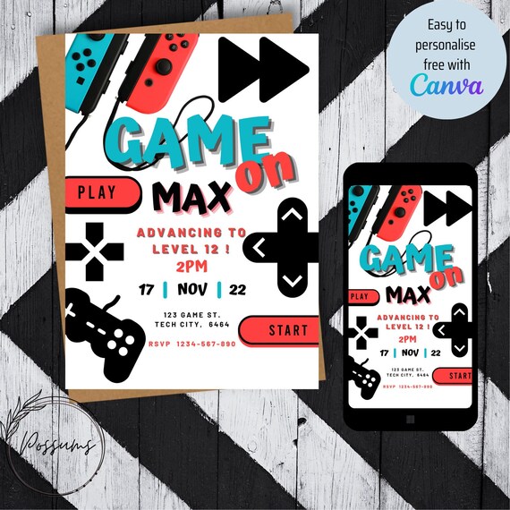 Gamer Invitation, Video Game Party, 12th Birthday, Gaming Party, Gamer Theme -INSTANT DOWNLOAD