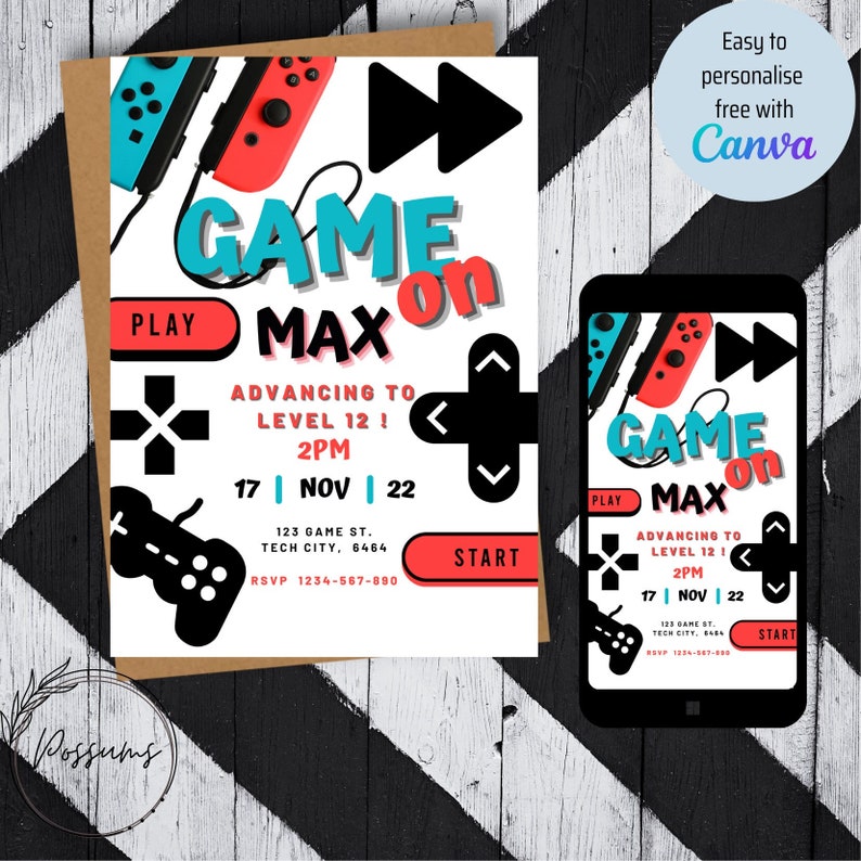 May include: A printable invitation for a video game party. The invitation features a red and blue Nintendo Switch controller, a black and white play button, and the text "Game On Max" in a colorful font. The invitation also includes the date, time, and location of the party.