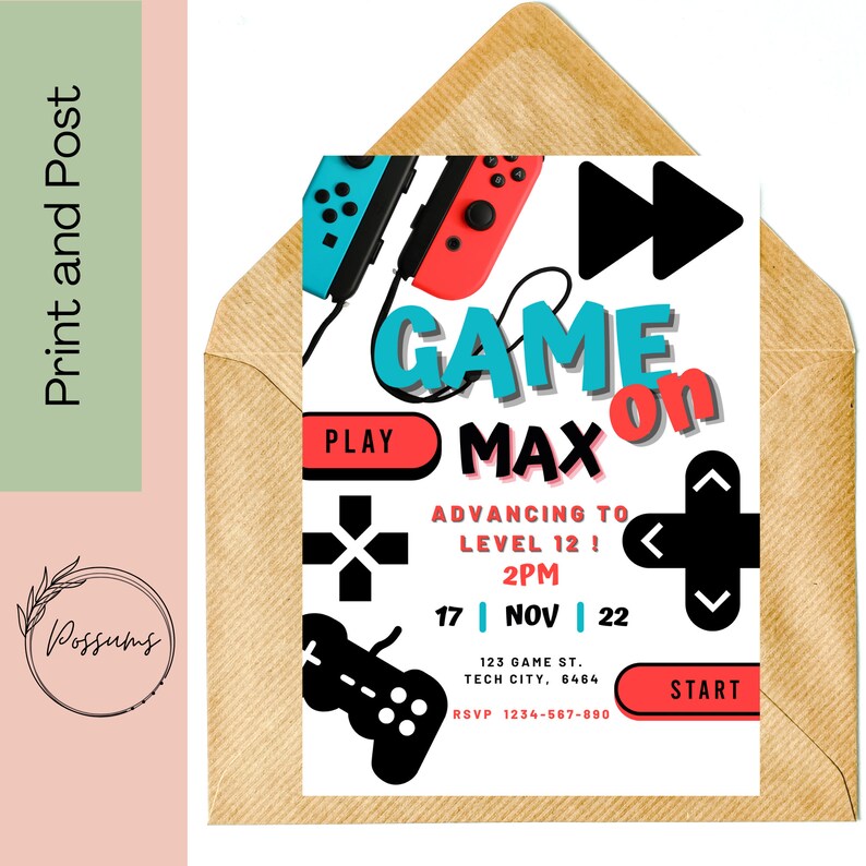 May include: A white invitation with a red, blue, and black video game theme. The invitation says "Game On Max" with a red and black controller, a blue and black controller, and a black and white play button. The invitation also says "Advancing to Level 12! 2PM" with a black and white directional pad. The date is "17 NOV 22" and the address is "123 Game St. Tech City, 6464". The RSVP number is "1234-567-890".