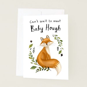 Personalised Baby Shower Fox Greeting Card, Cute Woodland Red Fox Illustrated Card, Custom Name Woodland Animal Baby Card, New Baby Gift Set