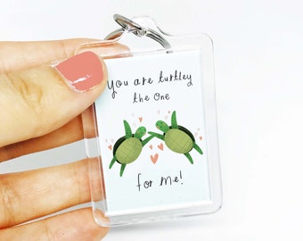 Turtle Keyring Valentine's Day Gift, Cute Turtles in Love Keyring, Turtley the One For Me Funny Animal Pun Keychain, Anniversary Gift