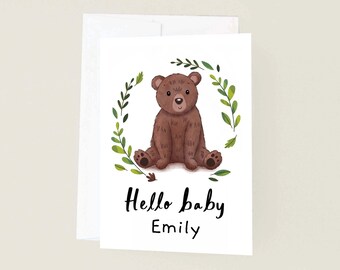 Hello Baby Bear Personalised Card, New Baby Woodland Bear Illustrated Card, Baby Shower Woodland Animal, Cute Baby Bear New Arrival Card